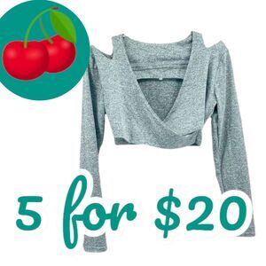 Crop Top Womens Large Cold Shoulder Heather Gray Surplice Faux Wrap V Neck Plung